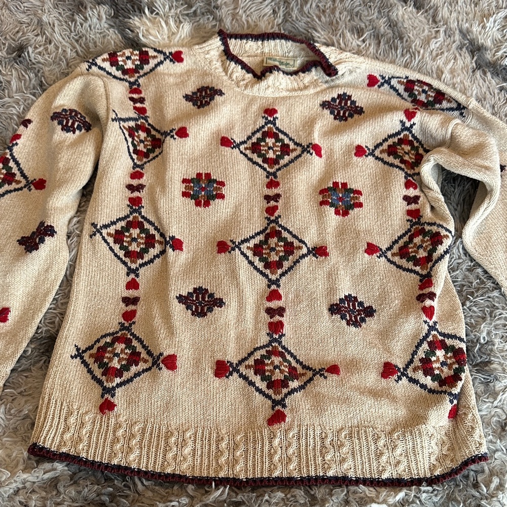 F—Willow Ridge Beige and Burgundy Patterned Sweater